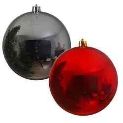 Foto van 2x stuks grote kerstballen van 20 cm glans van kunststof rood en zilver - kerstbal