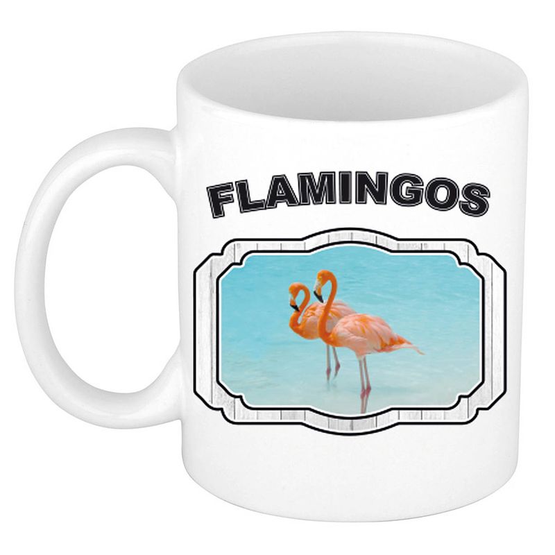 Foto van Dieren flamingo beker - flamingos/ flamingo vogels mok wit 300 ml - feest mokken