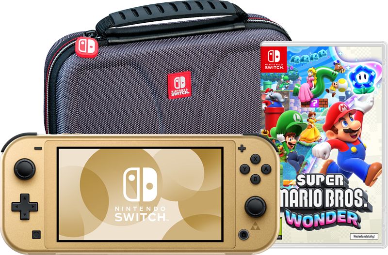 Foto van Nintendo switch lite zelda edition + super mario bros. wonder + beschermhoes