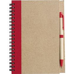 Foto van Notitie/opschrijf boekje met balpen - harde kaft - beige/rood - 18x13cm - 60blz gelinieerd - notitieboek