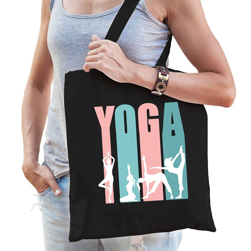 Foto van Yoga icons katoenen tas zwart voor volwassenen - sport / hobby tasjes - feest boodschappentassen
