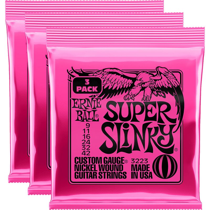 Foto van Ernie ball 3223 super slinky nickel wound 3 pack 009 - 042