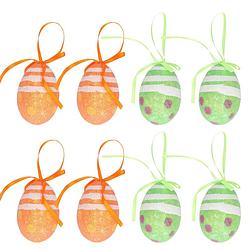 Foto van Decoratie paaseieren hangend - 12x stuks - oranje/groen - piepschuim - 6 cm - feestdecoratievoorwerp