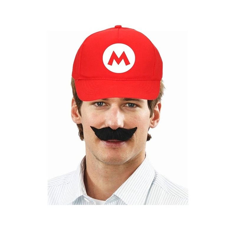 Foto van Verkleed pet / carnaval pet mario rood met verkleed snorretje voor kinderen - verkleedattributen