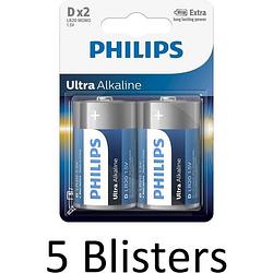Foto van 10 stuks (5 blisters a 2 st) philips ultra alkaline d cell batterijen