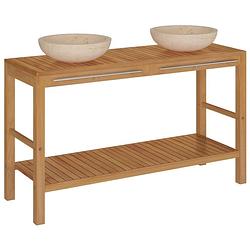 Foto van The living store houten kast - wastafels - massief teakhout - 132 x 45 x 75 cm - marmer