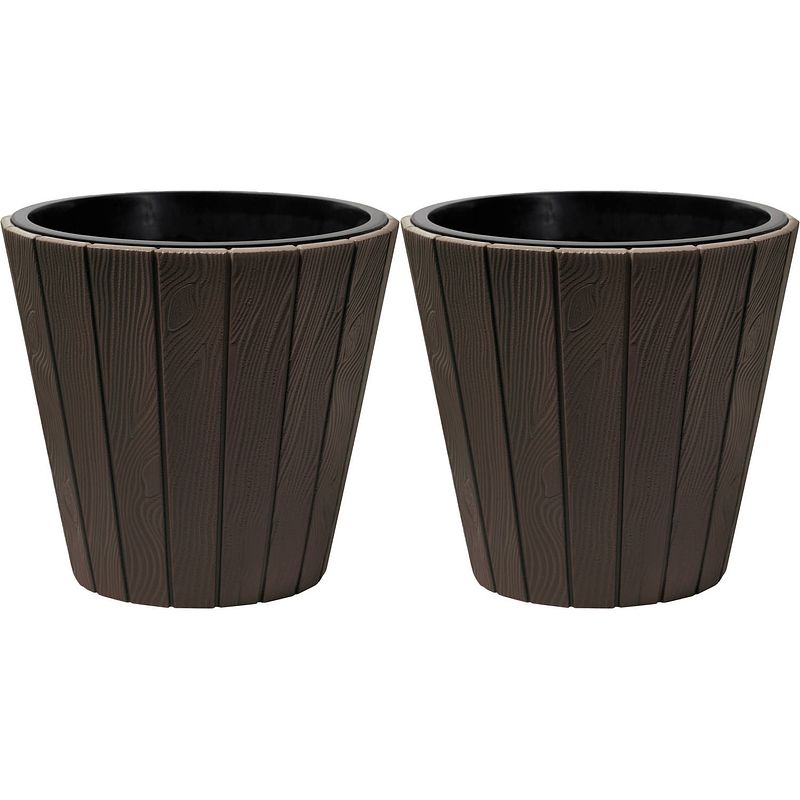 Foto van Prosperplast plantenpot/bloempot wood style - 2x - buiten/binnen - kunststof - donkerbruin - d40 x h37 cm - plantenpotte