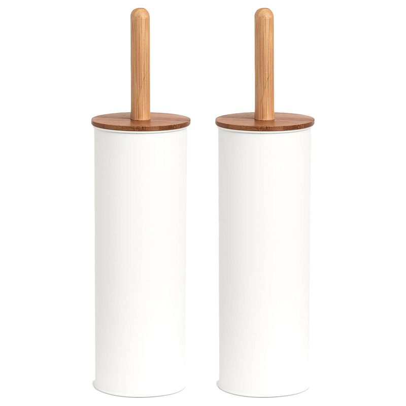 Foto van 2x stuks wc/toiletborstel in houder metaal/bamboe hout - wit - 38 x 10 cm - toiletborstels