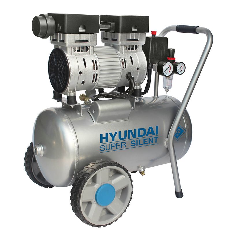 Foto van Hyundai stille compressor 24 liter met vochtafscheider - olievrij - 8 bar - 59 db 'ssuper silent's.