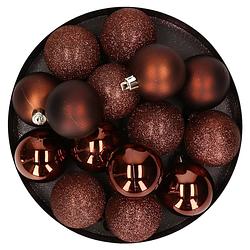 Foto van 12x stuks kunststof kerstballen donkerbruin 6 cm mat/glans/glitter - kerstbal