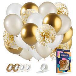 Foto van Fissaly® 40 stuks goud & wit helium ballonnen met lint - verjaardag versiering decoratie - papieren confetti - latex