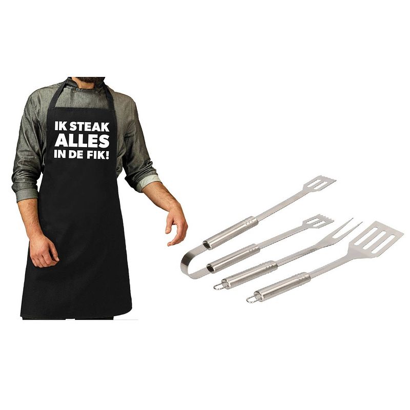 Foto van Barbecue/bbq gereedschap 3-delige set 33 cm van rvs met zwart schort ik steak alles in de fik! - barbecuegereedschapset