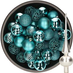 Foto van 37x stuks kunststof kerstballen 6 cm turquoise incl. glazen piek mat zilver - kerstbal