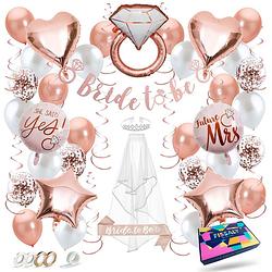 Foto van Fissaly® 56 stuks bride to be decoratie set - vrijgezellenfeest vrouw - inclusief ballonnen, sjerp, sluier & accessoires