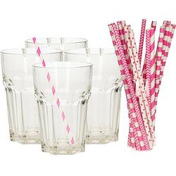 Foto van Set van 4x longdrink glazen en 100x papieren rietjes - 360 ml - drinkglazen