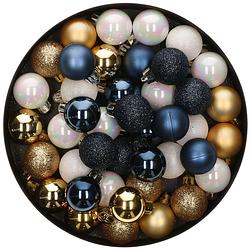 Foto van 42x stuks kunststof kerstballen mix wit/goud/donkerblauw 3 cm - kerstbal