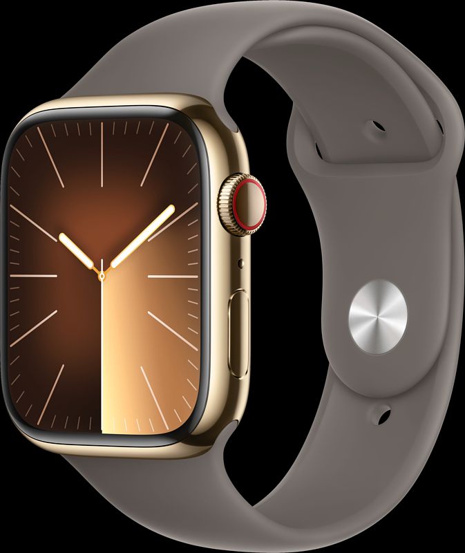 Foto van Apple watch series 9 4g 45mm goud rvs sportband grijs m/l