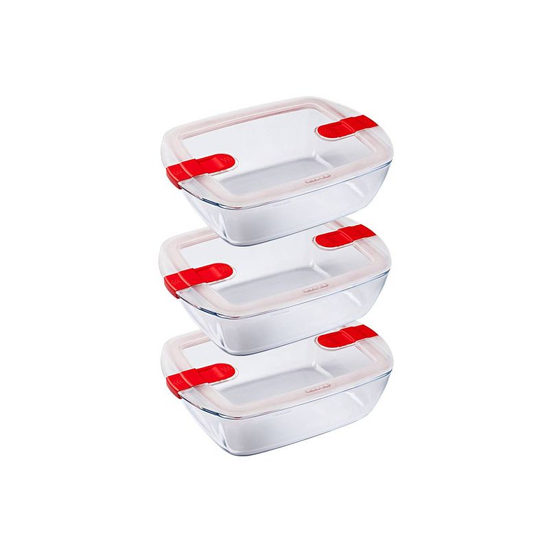 Foto van Pyrex - cook & heat rechthoekige schaal met magnetronbestendige deksel - set van 3 stuks - glas - pyrex