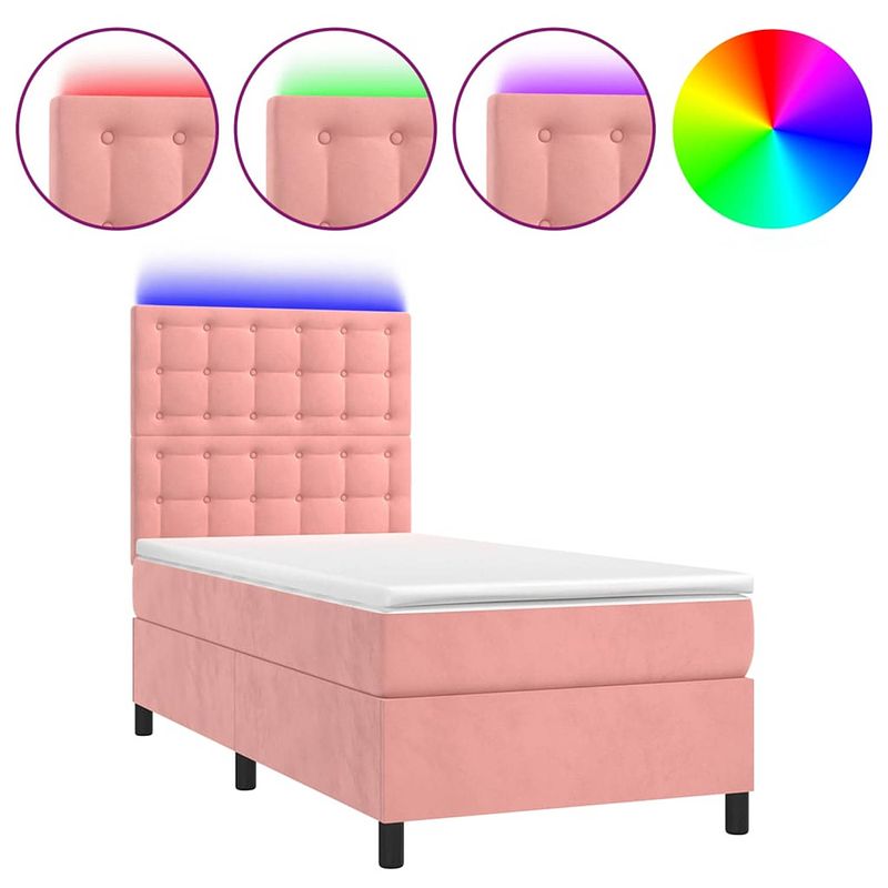 Foto van The living store boxspring roze fluweel 90x190 - verstelbaar hoofdbord - kleurrijke led-verlichting - pocketvering