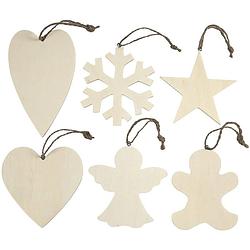 Foto van 6x kersthangers houten ornamenten 9-11 cm kerstboomversiering - kersthangers