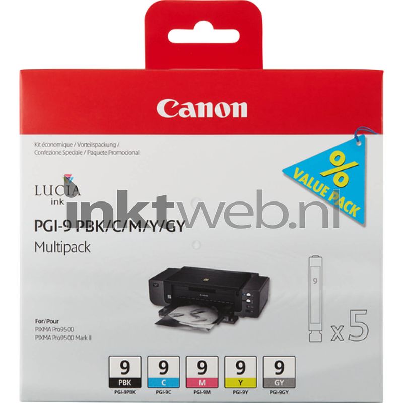 Foto van Canon pgi-9 multipack pbk, c, m, y, gy zwart en kleur cartridge