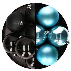 Foto van Decoris kerstballen - 12x st - 8 cm - zwart en blauw - kunststof - kerstbal