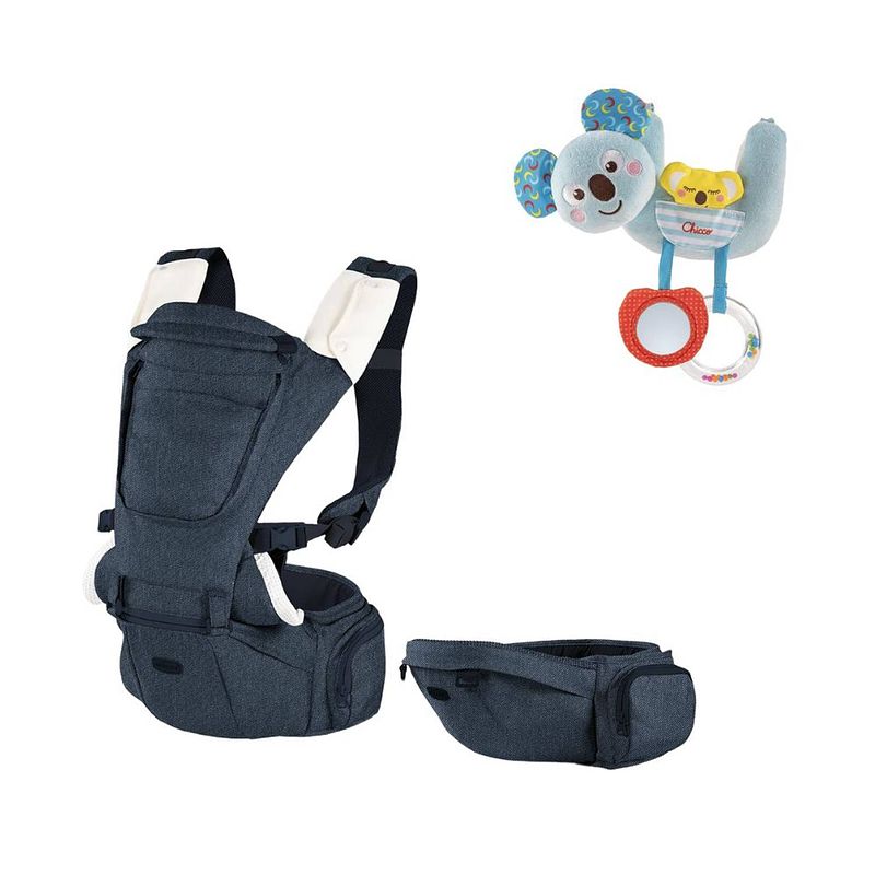 Foto van Chicco bundel - draagzak hip seat - denim & rammelaar - koalabeer - te bevestigen aan kinderwagen