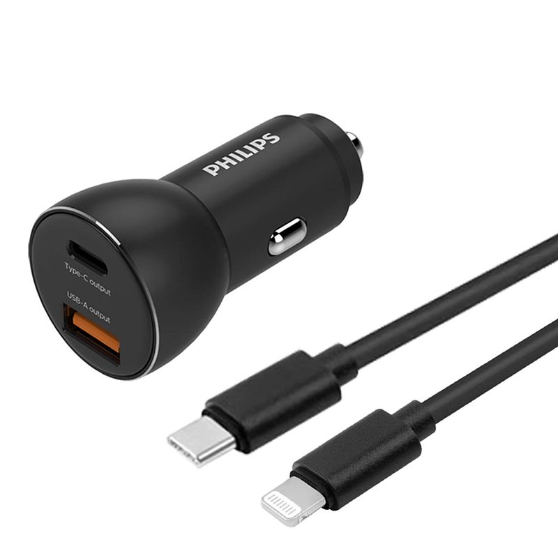 Foto van Philips autolader usb a-c - dlp2521c/04 - zwart - incl. usb-c-lightning oplaadkabel - iphone oplader - 36w fast charge