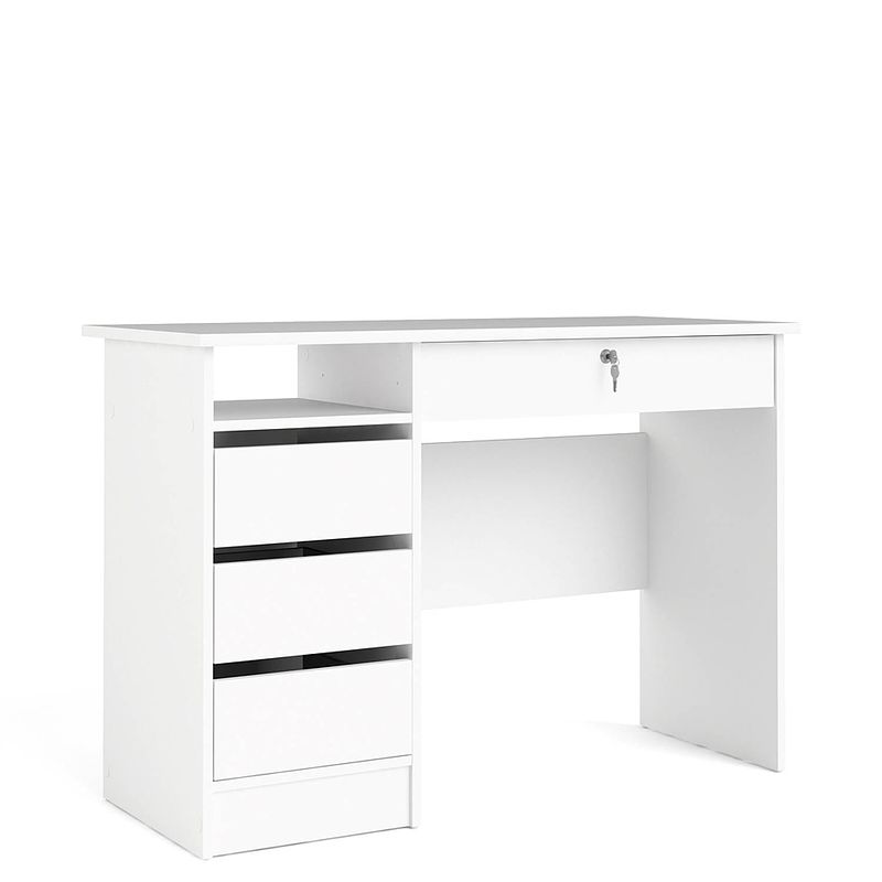 Foto van Plus bureau met 1 legplank, 3 kleine laden en 1 grote lade met sleutel, wit.