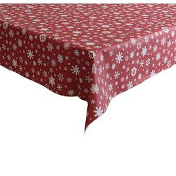 Foto van Kerst tafelzeil/tafelkleed rood met witte sneeuwvlokken print 140 x 180 cm - tafellakens