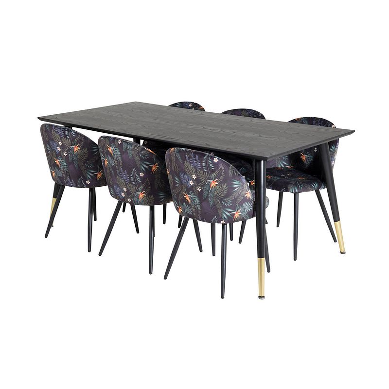 Foto van Dipp180x90blbr eethoek eetkamertafel zwart en 6 velvet eetkamerstal velours gebloeid.