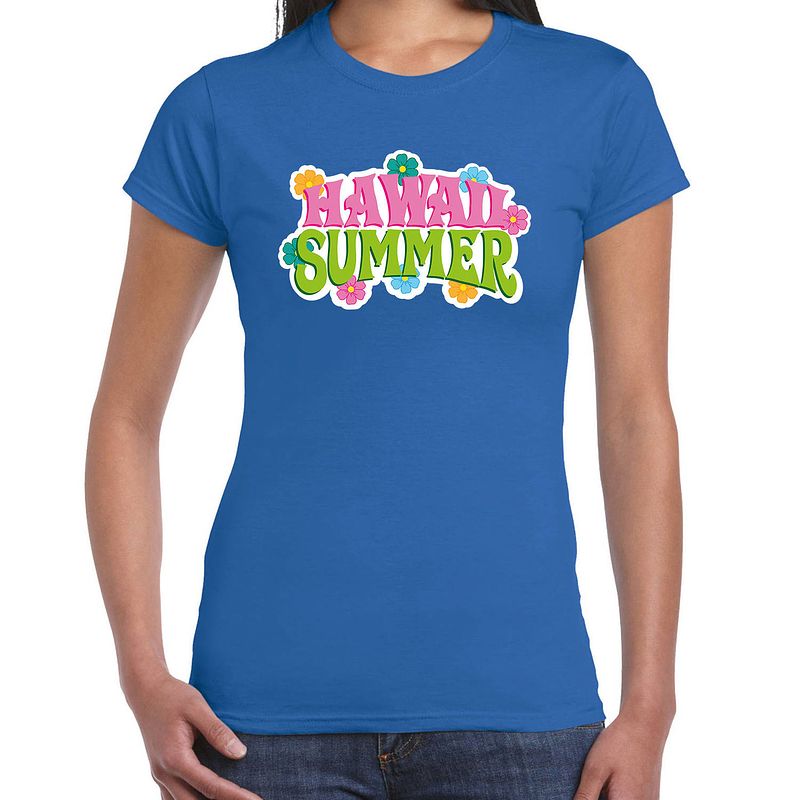 Foto van Hawaii summer t-shirt blauw voor dames 2xl - feestshirts