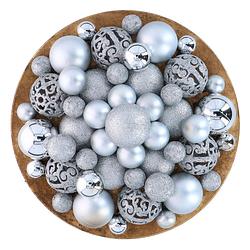 Foto van Christmas gifts 101 kerstballen set - plastic/kunststof - ø3/4/6 cm - mat, glanzend, glitter en open - zilver