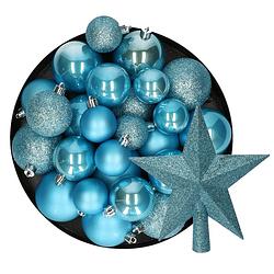 Foto van Kerstversiering - 30x kerstballen en ster piek - ijsblauw - kunststof - kerstbal