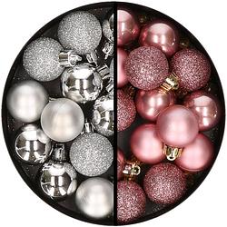 Foto van 34x stuks kunststof kerstballen zilver en velvet roze 3 cm - kerstbal