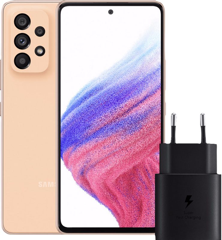 Foto van Samsung galaxy a53 128gb oranje 5g +  samsung 25 watt snellader zwart