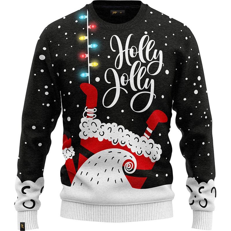 Foto van Jap foute kersttrui - holly jolly - met verlichting - kerstcadeau - dames en heren - kerst - 2xl - zwart