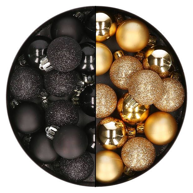 Foto van 28x stuks kleine kunststof kerstballen zwart en goud 3 cm - kerstbal