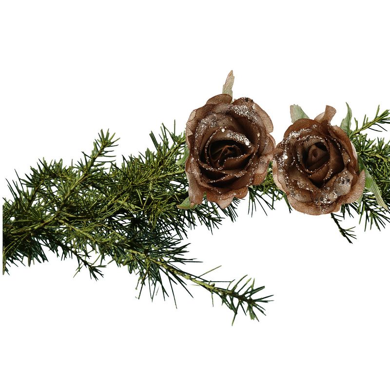 Foto van 2x stuks kerstboom bloemen roos goud bruin glitter op clip 10 cm. - kunstbloemen