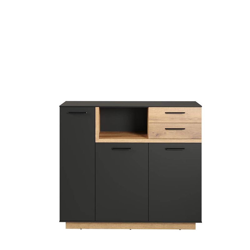 Foto van Synnax dressoir 1 groot deur, 2 kleine deuren, 1 plank, 2 laden grijs,eik decor.