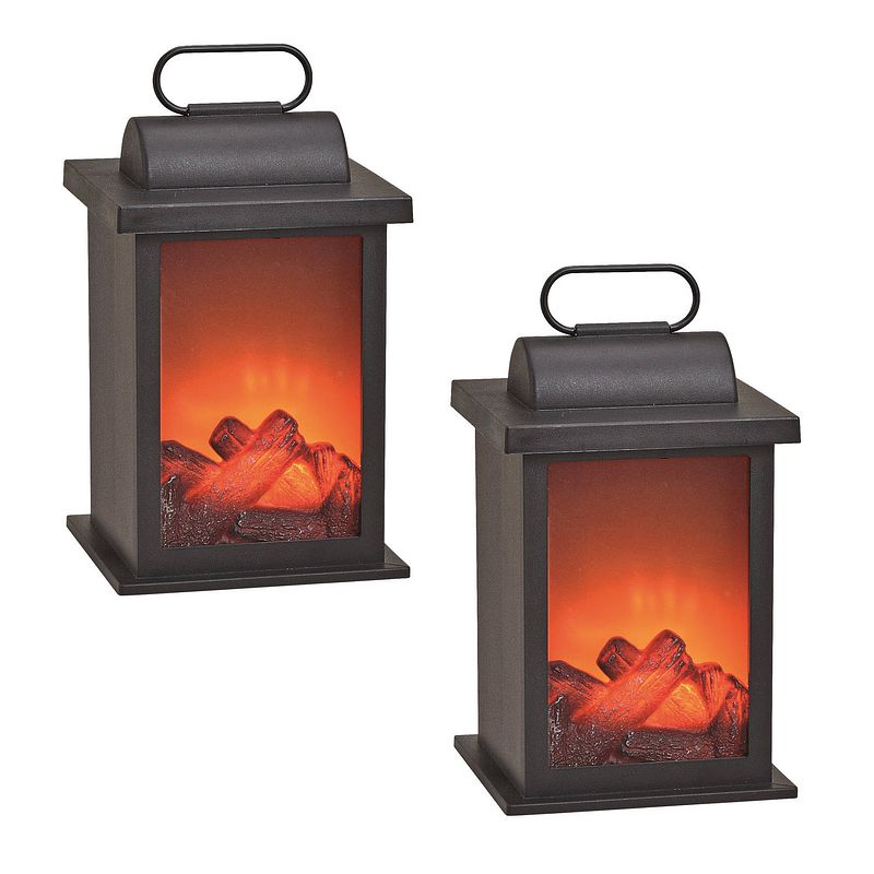 Foto van 2x stuks sfeerhaard/open haard lantaarn zwart met led verlichting l14 x b14 x h27 cm - lantaarns