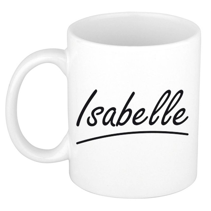 Foto van Naam cadeau mok / beker isabelle met sierlijke letters 300 ml - naam mokken