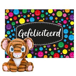 Foto van Keel toys - cadeaukaart gefeliciteerd met knuffeldier tijger 25 cm - knuffeldier