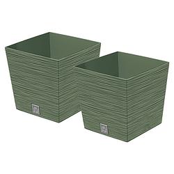 Foto van Prosperplast plantenpot/bloempot furu stripes - 2x - voor buiten - kunststof - bosgroen - vierkant - d24 x h23.5 cm - pl