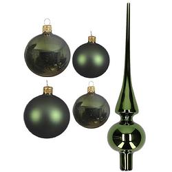 Foto van Glazen kerstballen pakket donkergroen glans/mat 38x stuks 4 en 6 cm met piek glans - kerstbal