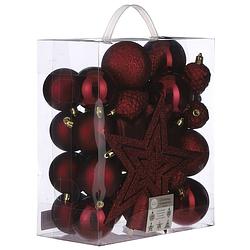 Foto van 39x stuks kunststof kerstballen en kerstornamenten met ster piek rood mix - kerstbal