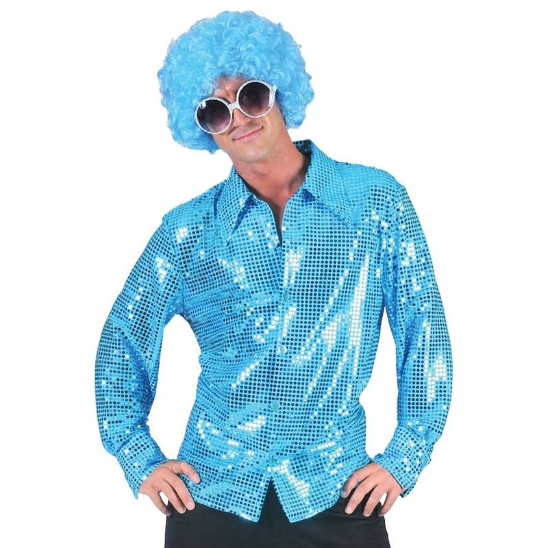 Foto van Toppers - disco pailletten blouse blauw voor heren - carnavalskleding 52-54 (l/xl)