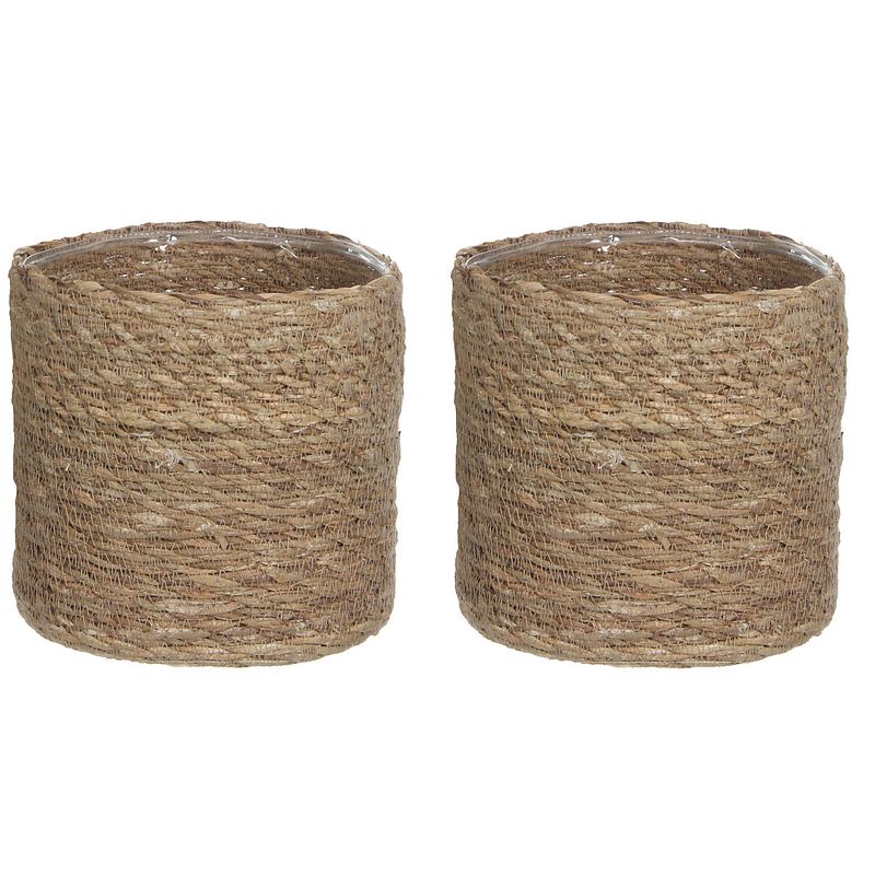 Foto van 2x stuks naturel bruin rotan planten pot mand van gedraaid jute/riet h18 en d18 cm - plantenpotten