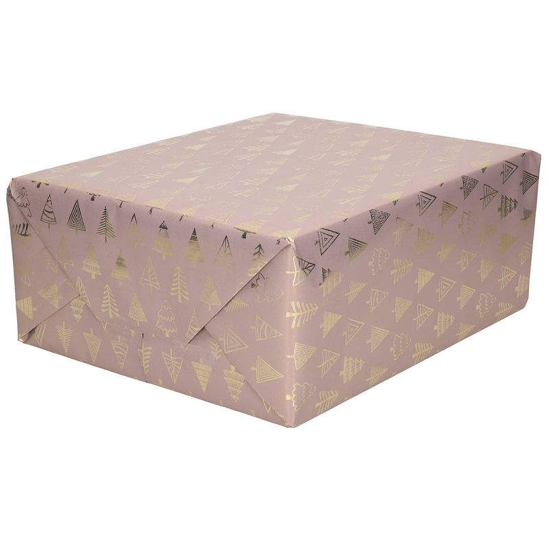 Foto van 1x rollen kerst inpakpapier/cadeaupapier roze/gouden bomen 2,5 x 0,7 meter - cadeaupapier