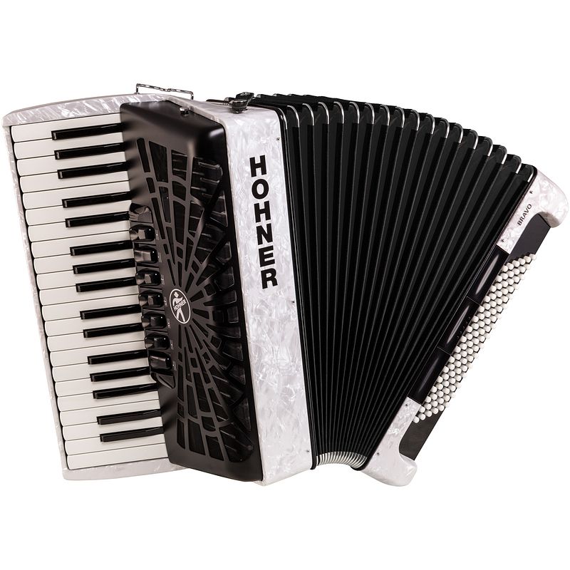 Foto van Hohner bravo iii 96 wit, silent key accordeon